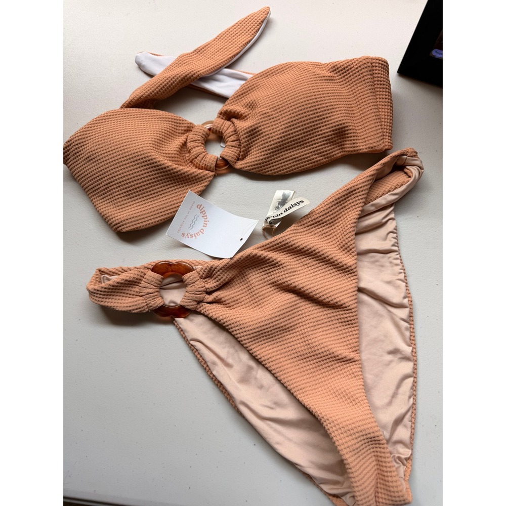 Dippin Daisys Bikini Set Womens Peach Waffle Knit Ring Detail Swimsuit NWT